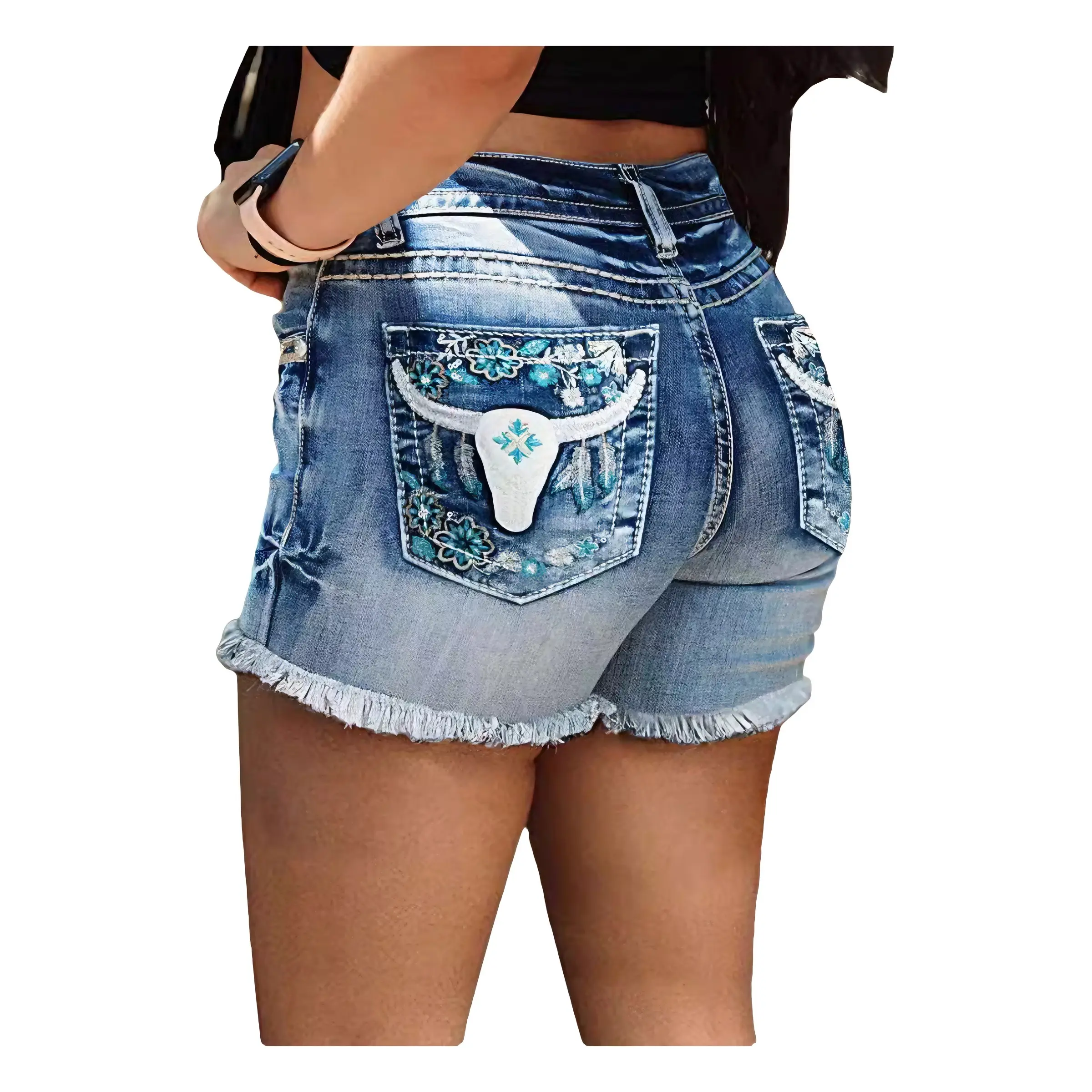 Women's Retro Streetwear Denim Shorts, Low Rise Jean Bottoms with Raw Edge and Bull Embroidery - Summer Fashion Women's Clothes, Fitted
