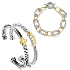 Mytys Simple Cross Pendant Bracelet Dainty Tiny Cross Stainless Steel Cuff Bracelet For Women Girls Trendy Jewellery Accessories For Christmas Gift Stretch Bangle Non Tarnish