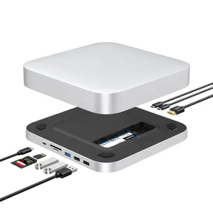 QWIIZLAB USB-C Hub with SSD Enclosure, Docking Station for Mac Studio Mac Mini M2/M1/Intel, Type-C 10Gbps, Card Readers 104MB/s, Fits M.2 SATA & NVMe SSD (Silver)