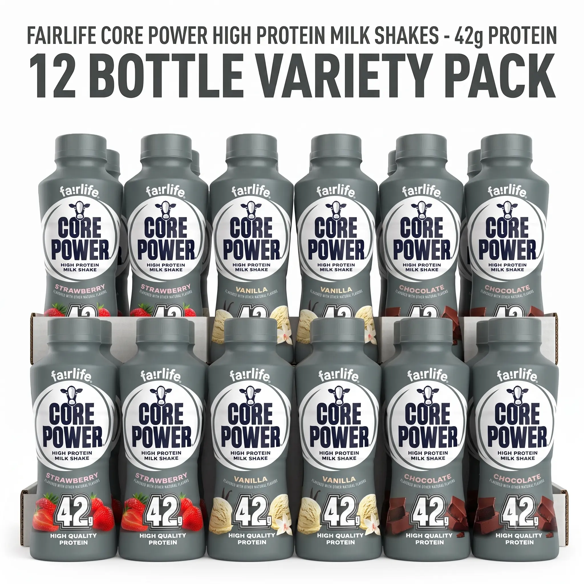 Fairlife Core' Power High Protein Milk Shake 42g (Pack of 12) 3 Flavor Pack - Chocolate, Vanilla and Strawberry 14 Fl bottles