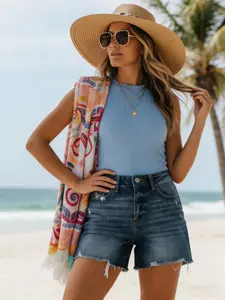 Women's High Waisted Denim Shorts Stretchy Ripped Frayed Hem Slit Jean Shorts for Casual Wear Comfortable & Stylish Pant Womenswear Bottom - Love, Clothes