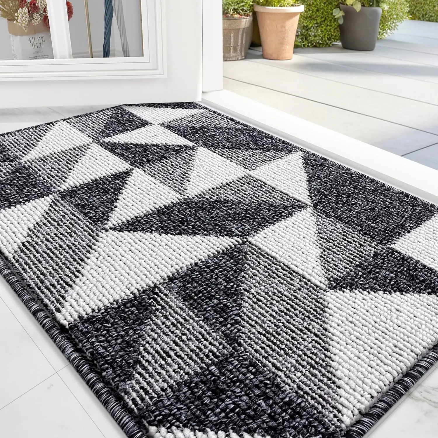 Door Mat Indoor Entrance Washable 32x20 Odor-Free Low-Profile Geometric Design, Absorbent Resist Dirt Entry Carpet, Easy to Clean Sturdy Floor Mats