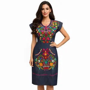 Vestido Canasta - Women's Mexican Embroidered Dress with Vibrant Floral Design Short Sleeves Casual Fashion Vestido Bordado for Summer 100% Cotton Colorful Embroidery