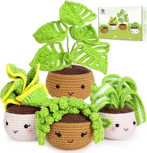 Beginner Crochet Plant Kit 4 Pack, Crochet Starter Kit with Video Tutorials, DIY Potted Plant Craft Set for Adults, Kids & Home Decor handmade gift amigurumi