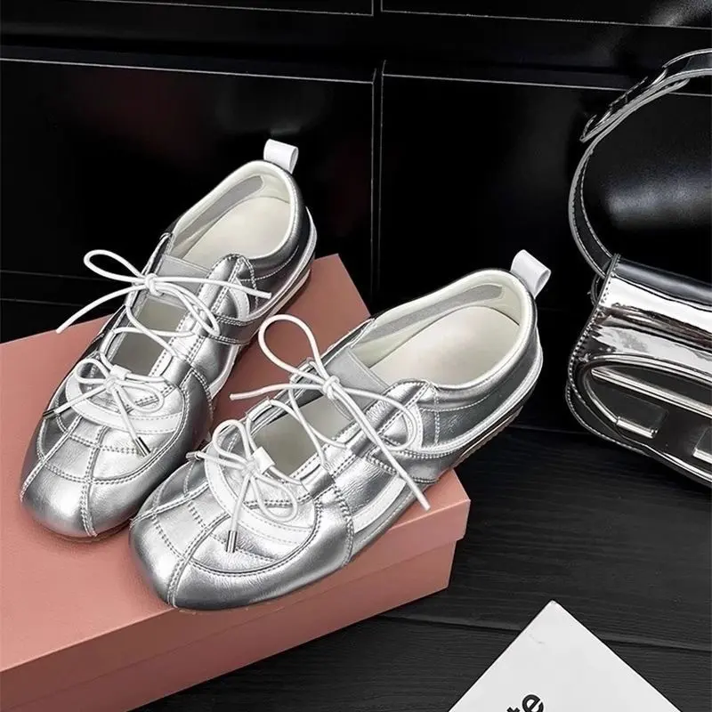 Exquisite, cool, playful ballet-inspired lace-up women’s casual flat sneakers featuring a flexible, soft upper, thick cushioned insoles, a stable non-slip outsole, stylish multi-layer lace detailing, and a retro low-top athletic silhouette—versatile, wear