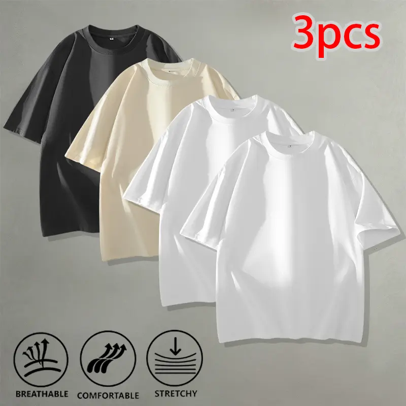 Loose solid color crew neck short sleeve T-shirt, 3-pack — minimalist clean fit streetwear for dorms and everyday wear, versatile basic tee