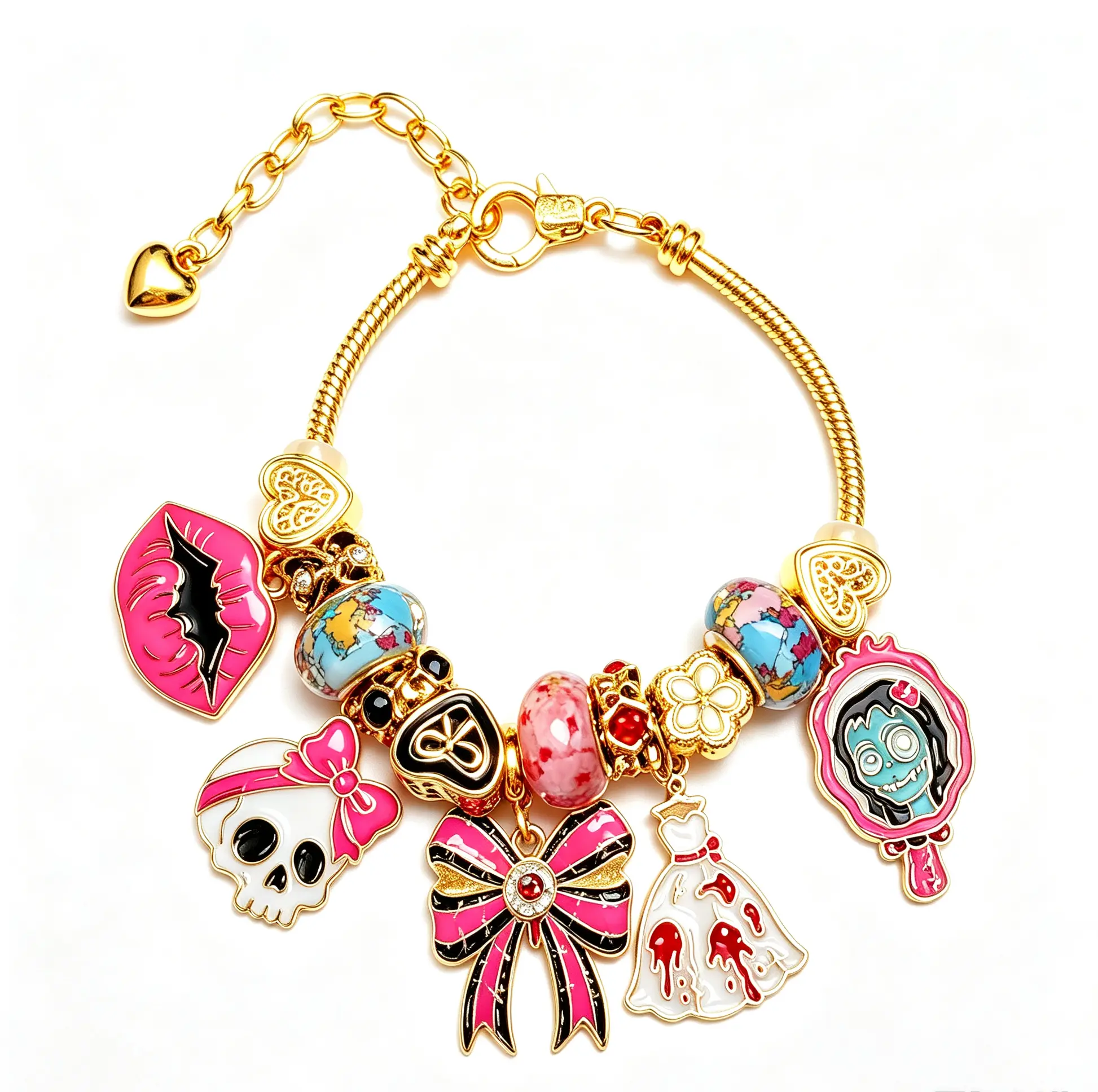 Halloween Gothic Charm Bracelet, Pink Skull Bow Dangle Bead Bracelet, Spooky Zombie Bride Enamel Charms Snake Chain Bracelet, Adjustable Jewelry Gift for Women Girls
