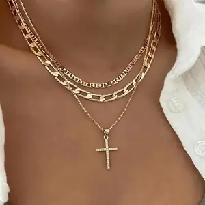 VIROMR 14K Gold Plated Gold Layered Necklaces for Women Stackable Cross Necklace Cuban Cross Pendant Necklace Gold Heart Cross Choker Necklace Set Simple Jewelry Gift