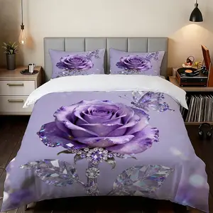 2/3 Pcs Crystal Diamond Rose Butterfly Digital Printed Quilt Cover Set, Breathable Duvet Set, 1 Quilt Cover+1/2 Pillowcase, No Inner Core, 100% Polyester Fiber, Suitable For All Seasons, Machine Washable, Perfect Gift For Family