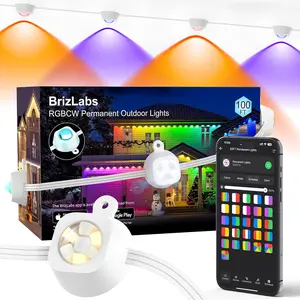 BrizLabs Permanent Outdoor Lights, 100ft 60 LED RGBCW Smart Christmas House Lights with 200+ Custom Scene-Color Effects, Waterproof Eave Light for Christmas, Halloween, Alexa, Google Assistant Enabled