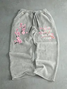 Men's Cherry Blossom Embroidery Floral Print Sweatpants, Regular Fit Casual Comfy Jogger Pants for Spring & Fall, Men's Trousers for Daily Wear