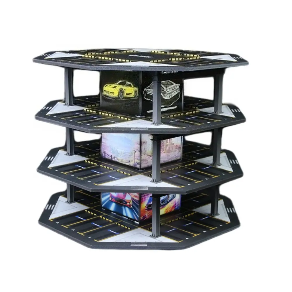 1:64 Scale Building Toys Diorama - ABS+PVC Durable LED Lighting Garage Model, 28Cm × 28Cm × 24.4Cm City Simulation Parking Lot with Octagonal Tower, Diecast Display Case, Construction Playability, Gift for Enthusiasts (Mix with Car Sets)