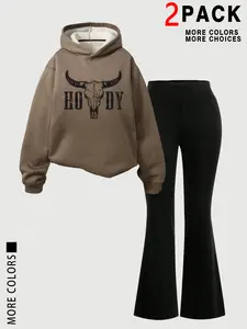 Women's Thick Warm Hooded Long Sleeve Sweatshirt Top & Comfortable Flared Pants Set, Casual Fashion with Cow Head Pattern, Perfect Gift for Mom
