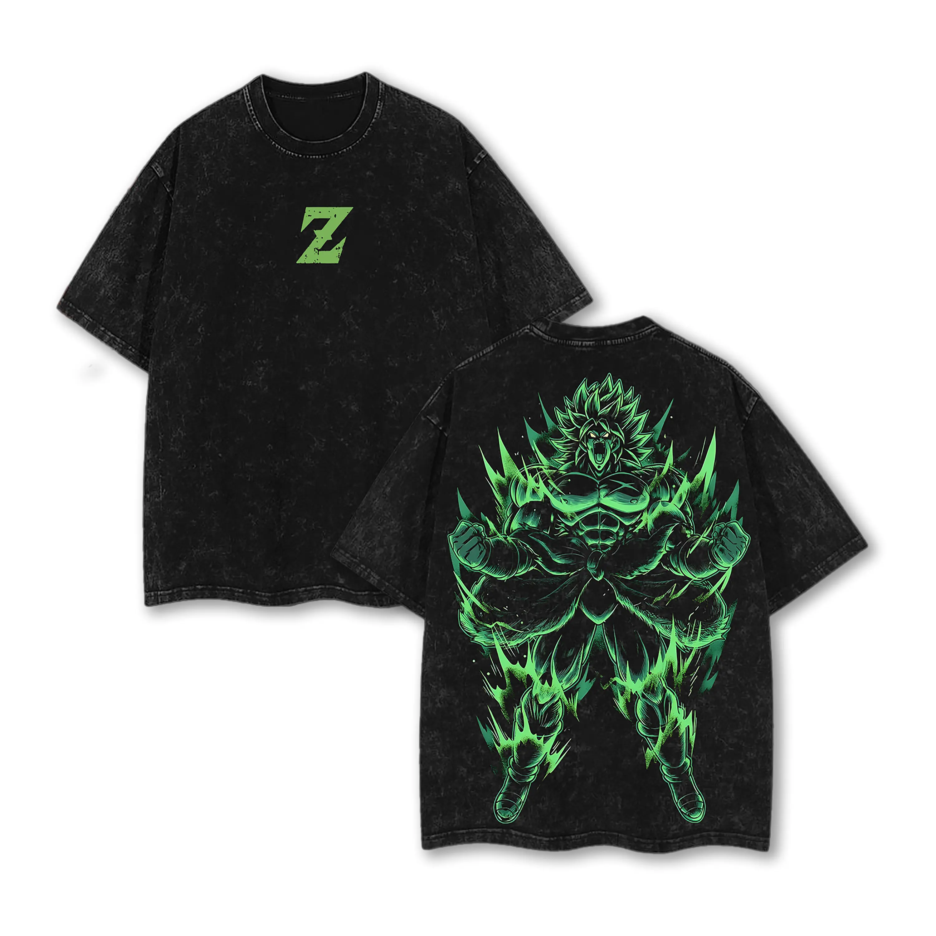 Broly Green Aura Graphic Tee | DBZ Z-Logo Acid Wash Oversized Shirt | Anime Gym Pump Cover | Bootleg Streetwear