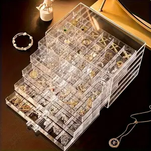 Modern Multi-Layer Transparent, Clear Stackable Drawer Jewelry Organizer, Durable Plastic Desktop and Vanity Multilayer Storage Box with Multi-Compartment Design, Anti-Tangle, Space-Saving for Necklaces, Bracelets, Earrings, Rings