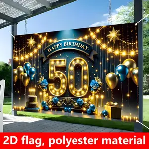 1pc 2D Flat 50th Birthday Party Decoration Banner cm - Golden 50th Anniversary Backdrop with Cake Balloon & Stars Design, Durable Polyester Indoor/Outdoor Reusable Banner for Milestone Celebrations, Birthday Banner,