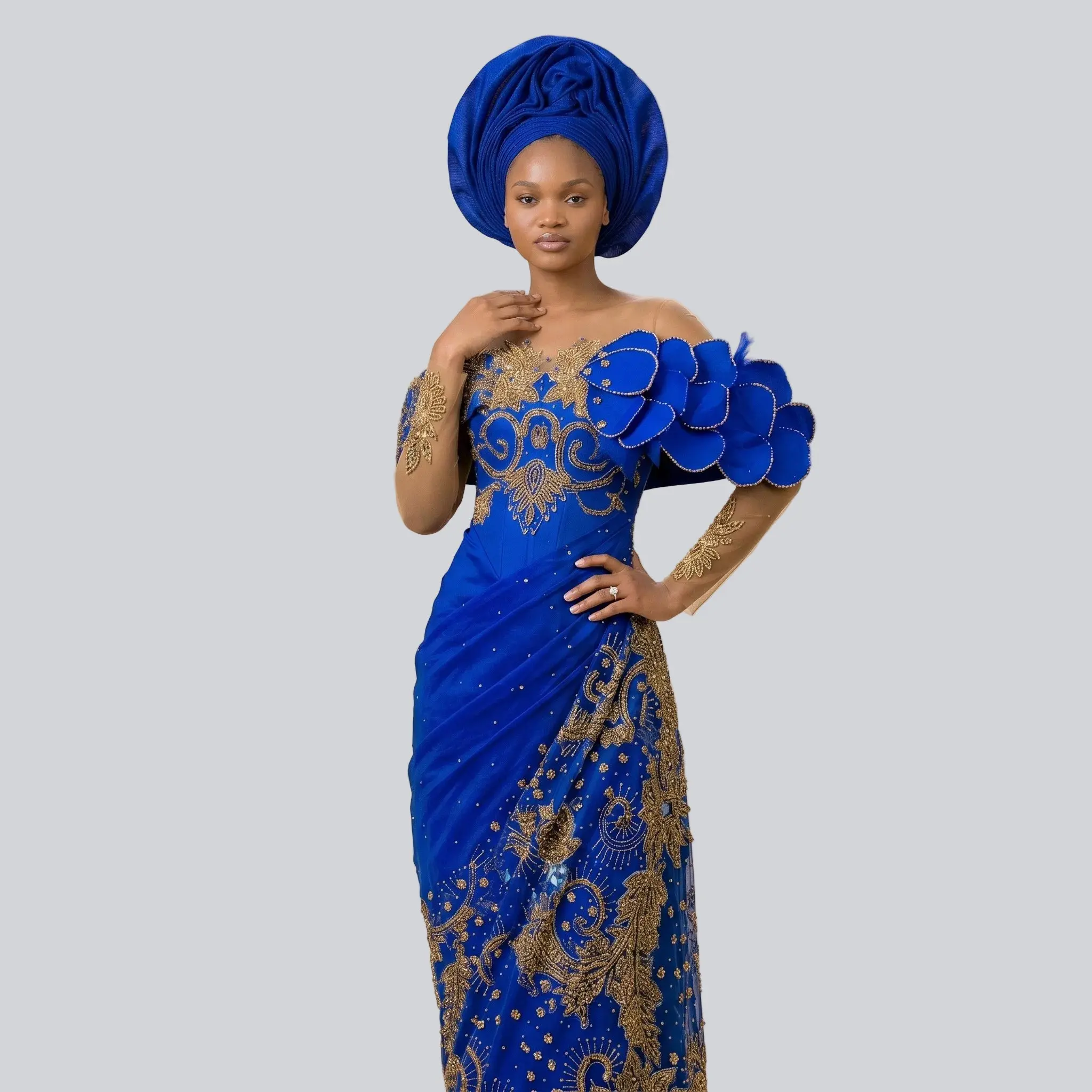 Royal Sapphire Blue & Gold Two-Piece Set – Handmade African Lace Aso Ebi Outfit, Off-Shoulder Embroidered Top & Wrapper Skirt with Gele for Weddings