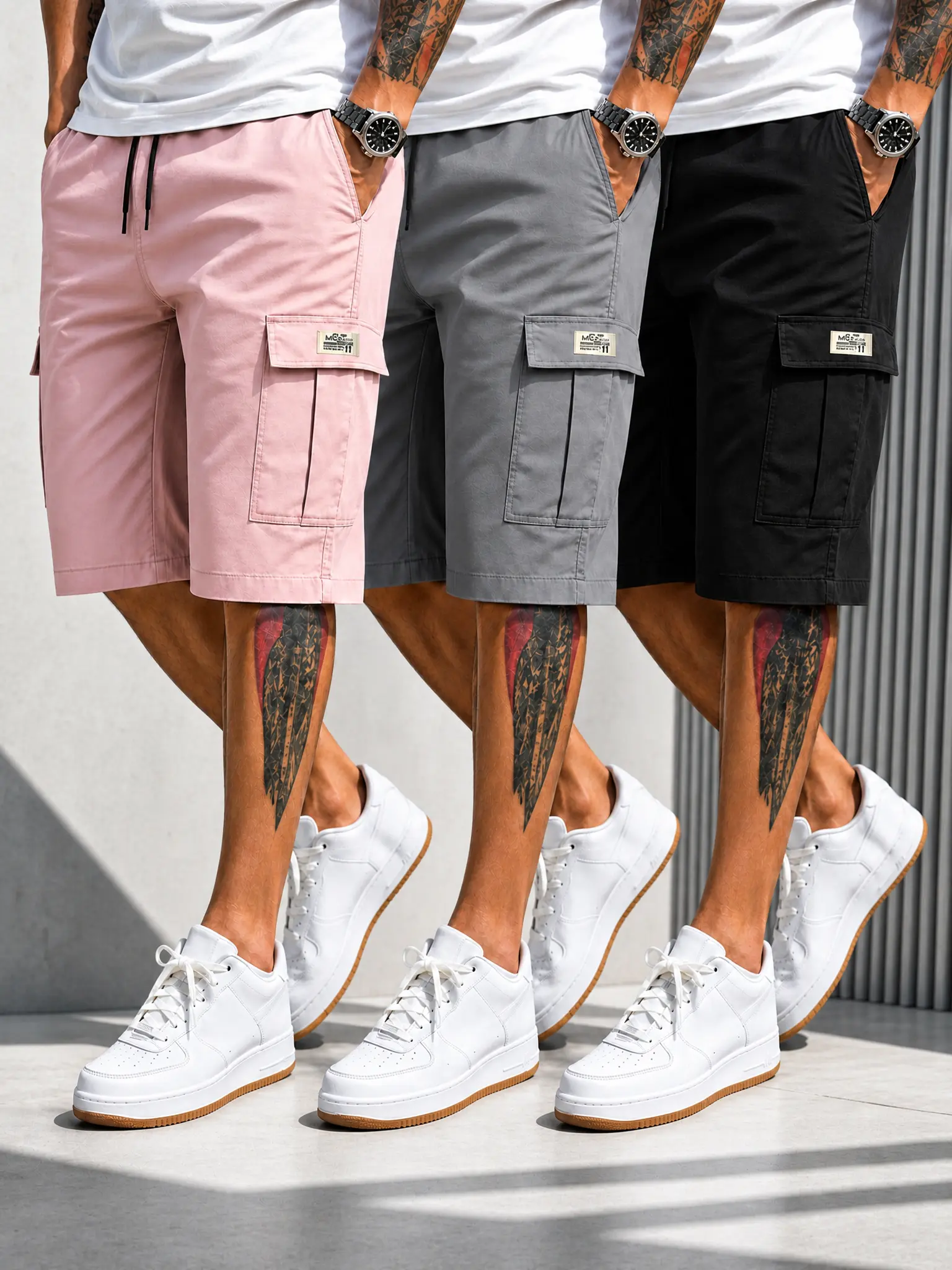 Men's Fitted Matching Shorts Set - Casual Summer Drawstring Color-Mixed Shorts, Lightweight Breathable, Slanted Multipocket, Versatile Everyday Beach Gym Wear Brown, Black, Green, Pink, Color-Mixed Men's Shorts, Fitted Men's Short,Rhineston,athletic,pant,