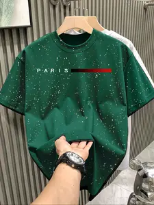 New Men's Black Galaxy Splatter "PARIS" Letter Printer Tee, Starry Night Fleck Craft, Vintage Baseball Number Print, Loose Hip-Hop Fit, Silver Stamped Fabric, Street American Style, Unisex Couple Wear, Round neck, Menswear