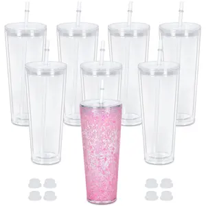 8 Pack 24 Oz Acrylic Snow Globe Tumbler, Double Wall Plastic Cups for Snow Globe Glitter DIY with Clear Lids & Straws