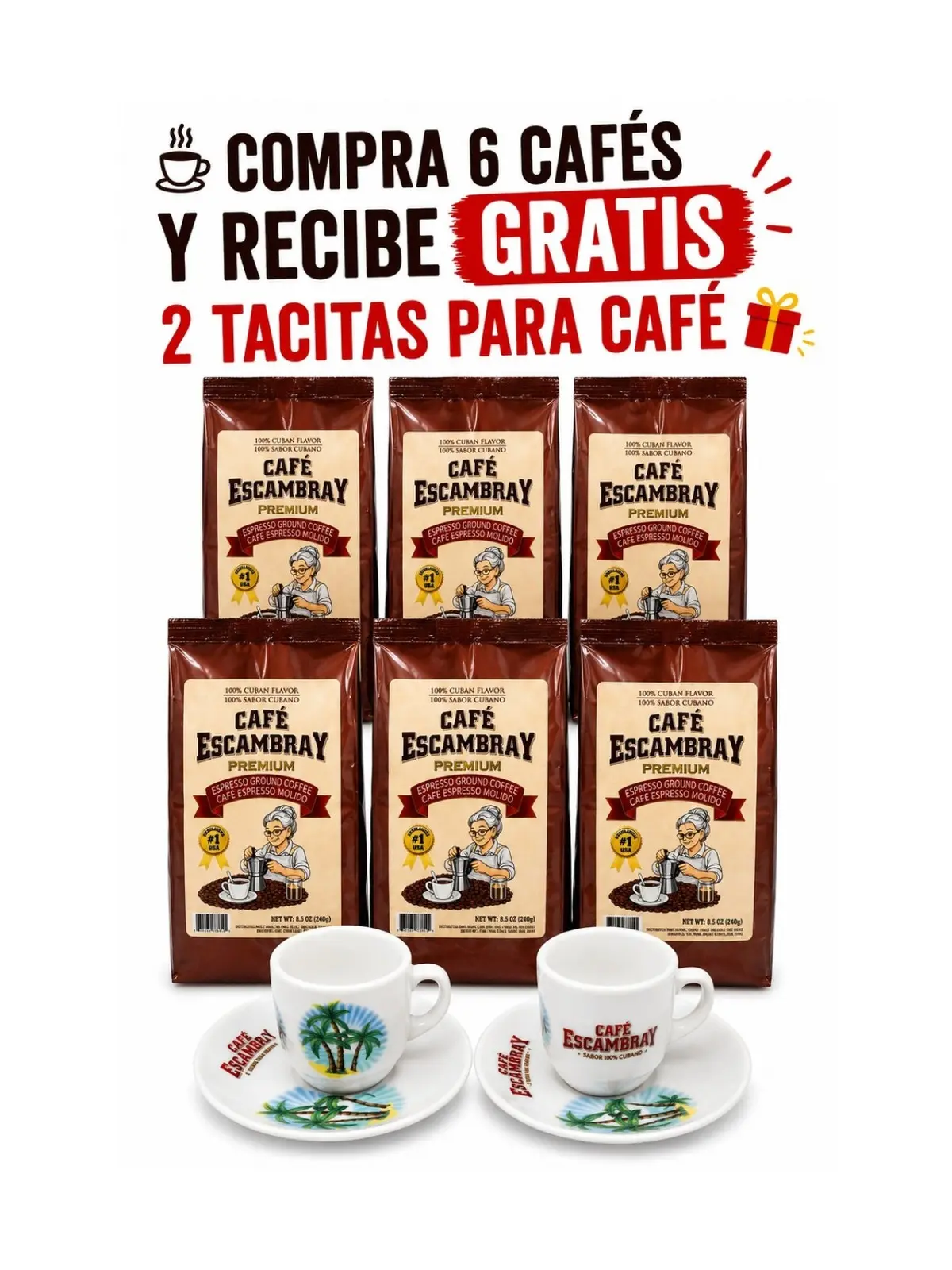 Cafe Escambray Premiun Cuban Espresso Ground Coffee 6 PK(8.5 oz (240 g)) + 2 free gift mugs - Strong Cuban Style Coffee, Dark Roast, Cafe Cubano Molido Premium.