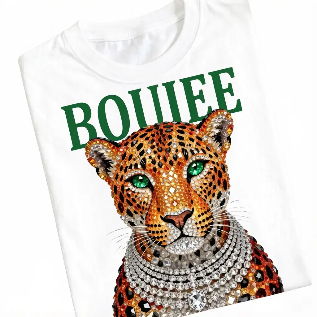 Boujee Leopard Graphic Tee (Viral) Vintage Animal Print Shirt 180g 100% Cotton Rhinestone Leopard Head Design Women’s Glam Fashion Streetwear Casual Short Sleeve Top Gift for Fashion Lovers TikTok Shop Deals