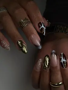 (MTO) Handcrafted Wearable Nail Art Brown Gold Chrome Swirl Abstract Mocha Fashion Hand Accessories