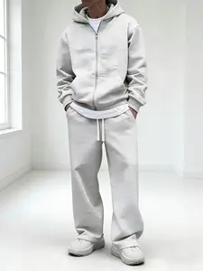 Men's 1-Piece Greyset Clothing Set, Loose-Fit Long Sleeve Drop-Shoulder Zip-Up Hooded Sweatshirt Cardigan + Drawstring Pocketed Baggy Sweatpants, for Spring, Autumn Everyday Wear