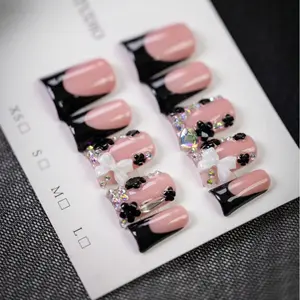 10pcs Y2K Style White Bow Short Duck Nails, Handmade Black Edged French Press-On Nails With Bow, Flower, And Rhinestone Accents, Rhinestone Bow Decorated In Indie Aesthetic, For Daily, School, Or Office, Great Gift For Women And Girls