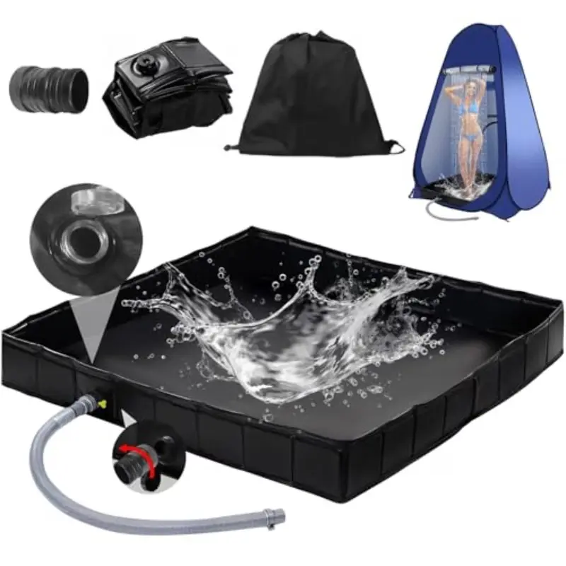 Foldable Shower Basin, Heavy-Duty PVC Outdoor Bathing Tub, Waterproof & Wear-Resistant with Drain Hose for Camping, RVs, Pet Baths