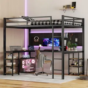 [Bellemave] （2 packages）Metal Loft Bed with Desk and Shelves, Loft Bed with Ladder and Guardrails, Loft Bed Frame for Bedroom