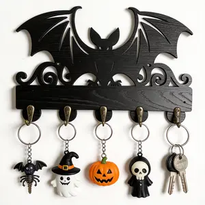 Wooden Bat-Shaped Wall Key Holder & Coat Hook — Vintage-Style Storage Rack, Halloween Animal-Themed Key Organizer (11 x 7 Inches) ,Wall Art Decor, Black Key Rack with 5 Metal Hooks — Ideal as a Gift, for Entryway Decor, or for Hanging Bags, Decoration