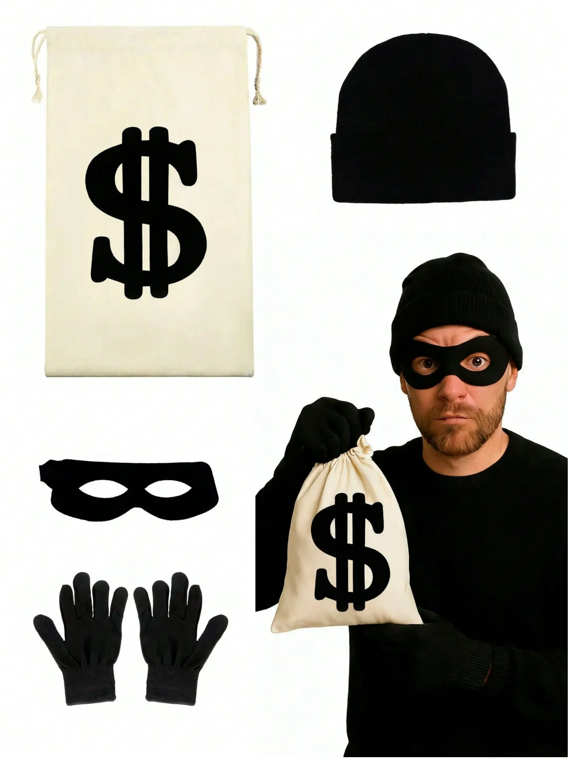 5pcs Party Costume Set, Gloves + Eye Mask + Hat + Money Bag Thief Set, Perfect for Festivals, Parties, Music Festivals, Birthday Gifts