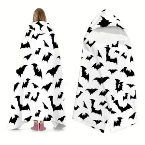 1pc Halloween themed black bat print hooded blanket, wearable blanket, Pattern blanket, warm, soft, comfortable, multiple sizes, must-have for reading, nap, home leisure, ideal Halloween gift