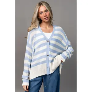 Breezy Days Cardigan - Light Blue Striped Oversized Knit