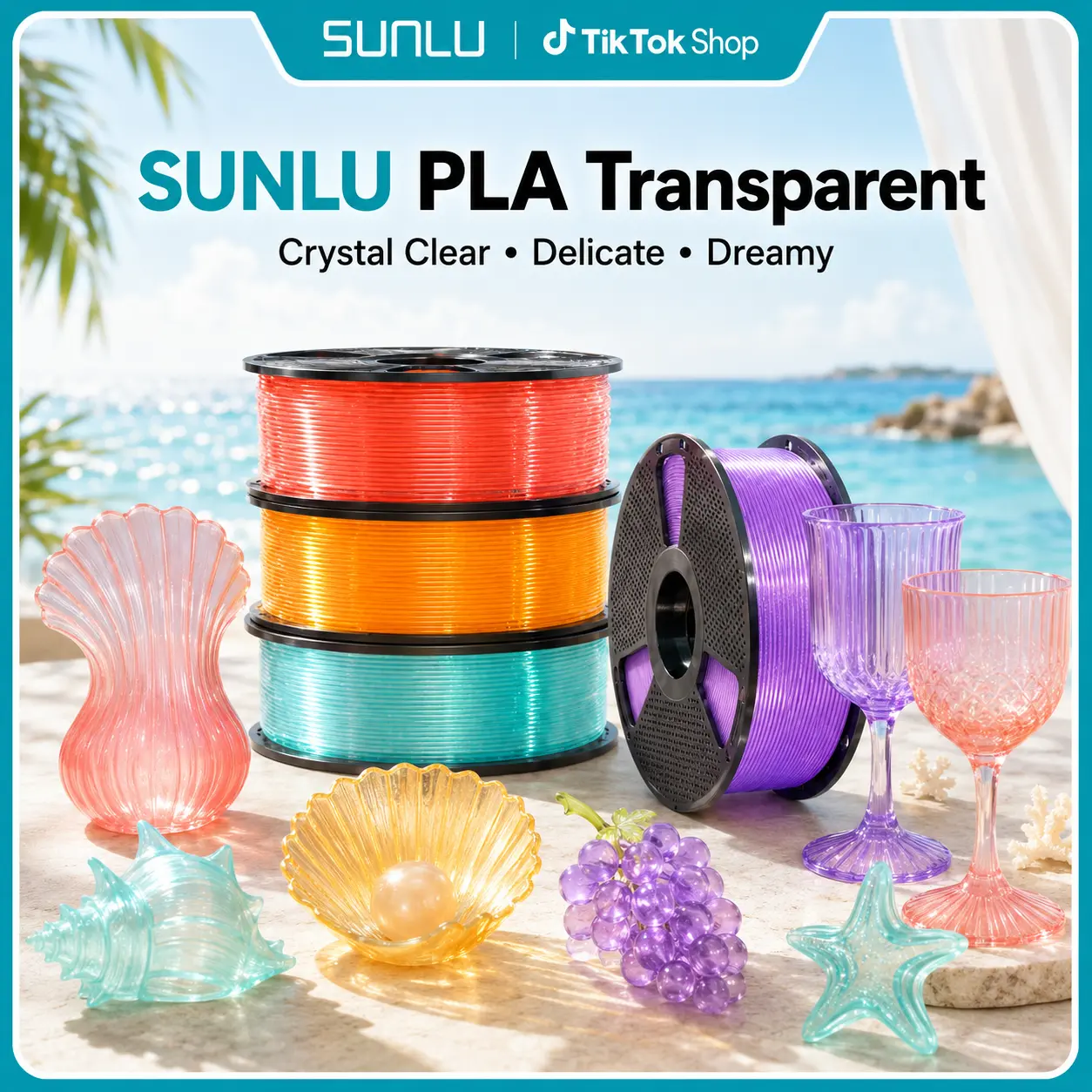 SUNLU 1KG 3D Filament | Transparent PLA | No Stringing, No Clogging | Exquisite Crystalline Texture, Boundless Creativity | Color Aesthetics, Pro-Essential, Beginner's Top Choice