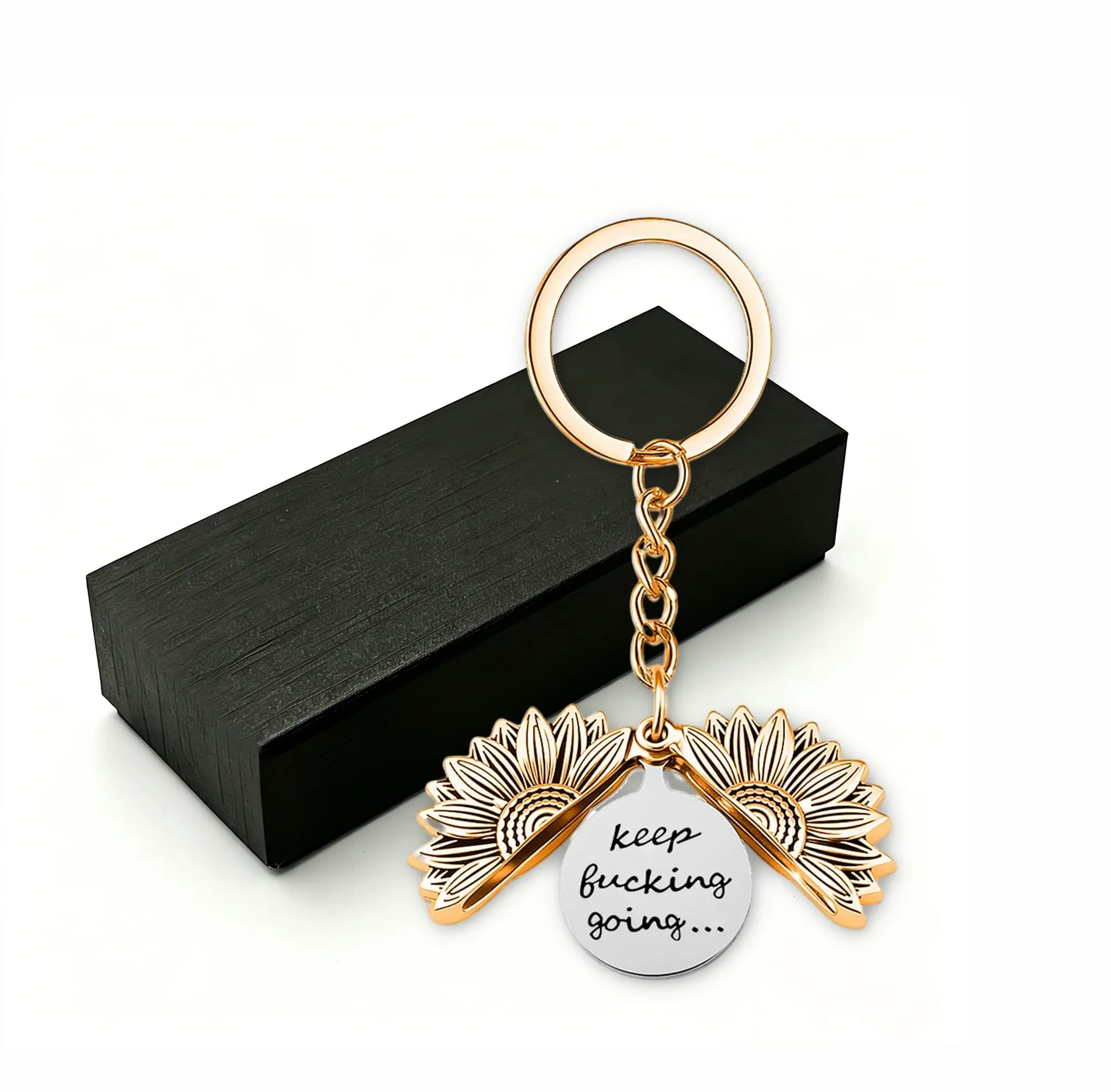 Keep Going Sunflower Engraved Locket Keychain - Openable Customizable Charm, Flower, Holiday-Themed, Engraved Message Accessory, Motivational Gift for Friends, Birthday Christmas Item, Flower Keychains, Holiday-Themed Keychains