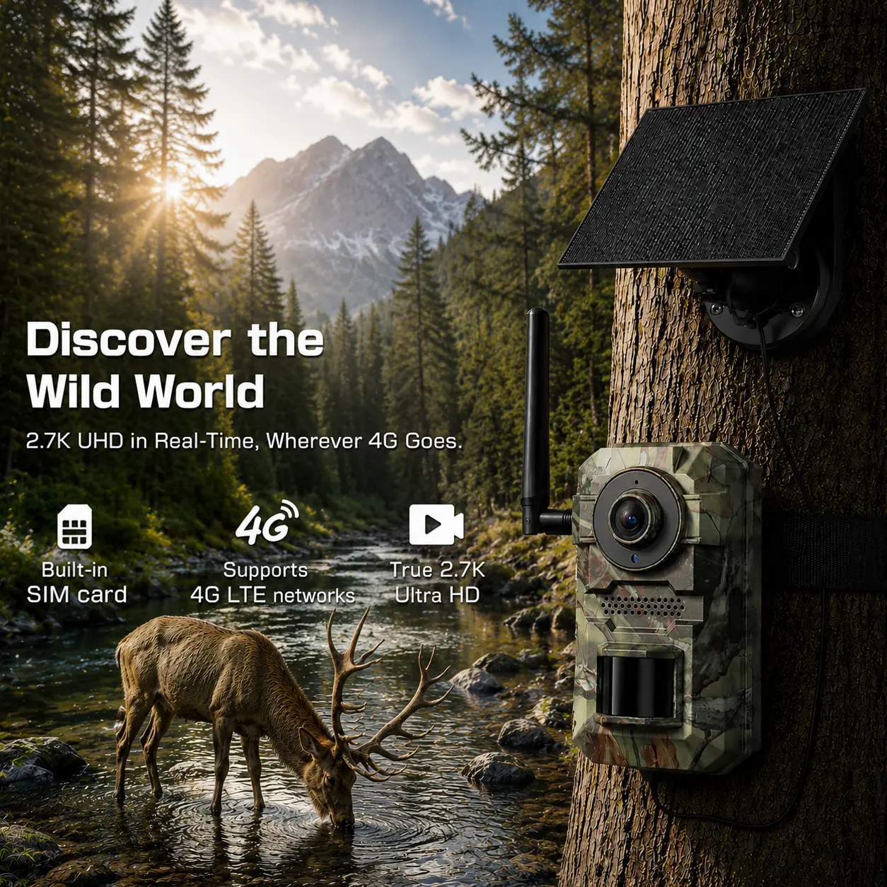 2K HD Solar Powered Wireless 4G LTE Cellular Trail Cameras with Live Streaming, Game Camera Built-in SIM Card WiFi, Not Supported, WaterProof, Motion Activated, Night Vision, (Data refill is required for Unlimited 4G data usage) Cloud Storage