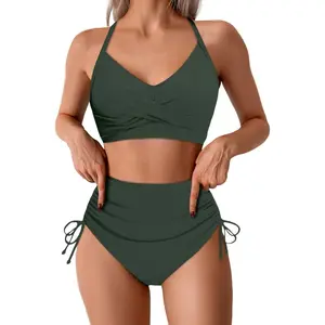 Halter Swimsuit for Women V Neck Push Up Padded Full Coverage Bikini Set High Waist Ruched Bottom Two Piece Bathing Suit Bikini for Curvy Women 2 Piece Swimsuit for Women Tummy Control