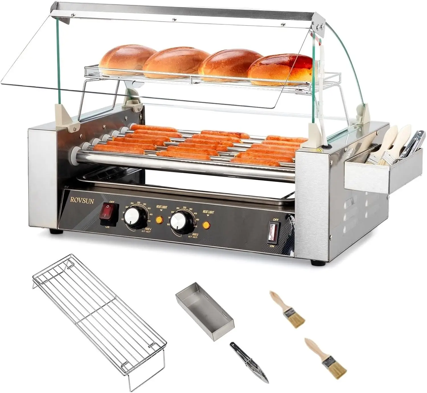 ROVSUN Hot Dog Roller 1050W, 7 Rollers 18 Hot Dog Roller Grill Cooker Machine w/Dual Temp Control, Cover, LED Lighting, Removable Shelf & Drip Tray for Party Home Commercial ETL Certified