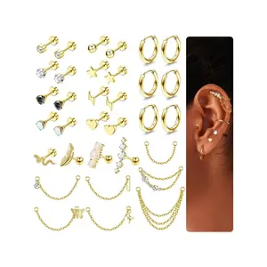 Unique 33 Pcs Golden Brilliant Ear Studs Chains Stainless Steel Cartilage Earrings for Women Men Trendy Flat Back Stud Earrings Helix Earring Small Hoop Chain Earrings Hypoallergenic Stud Earring Jewelry