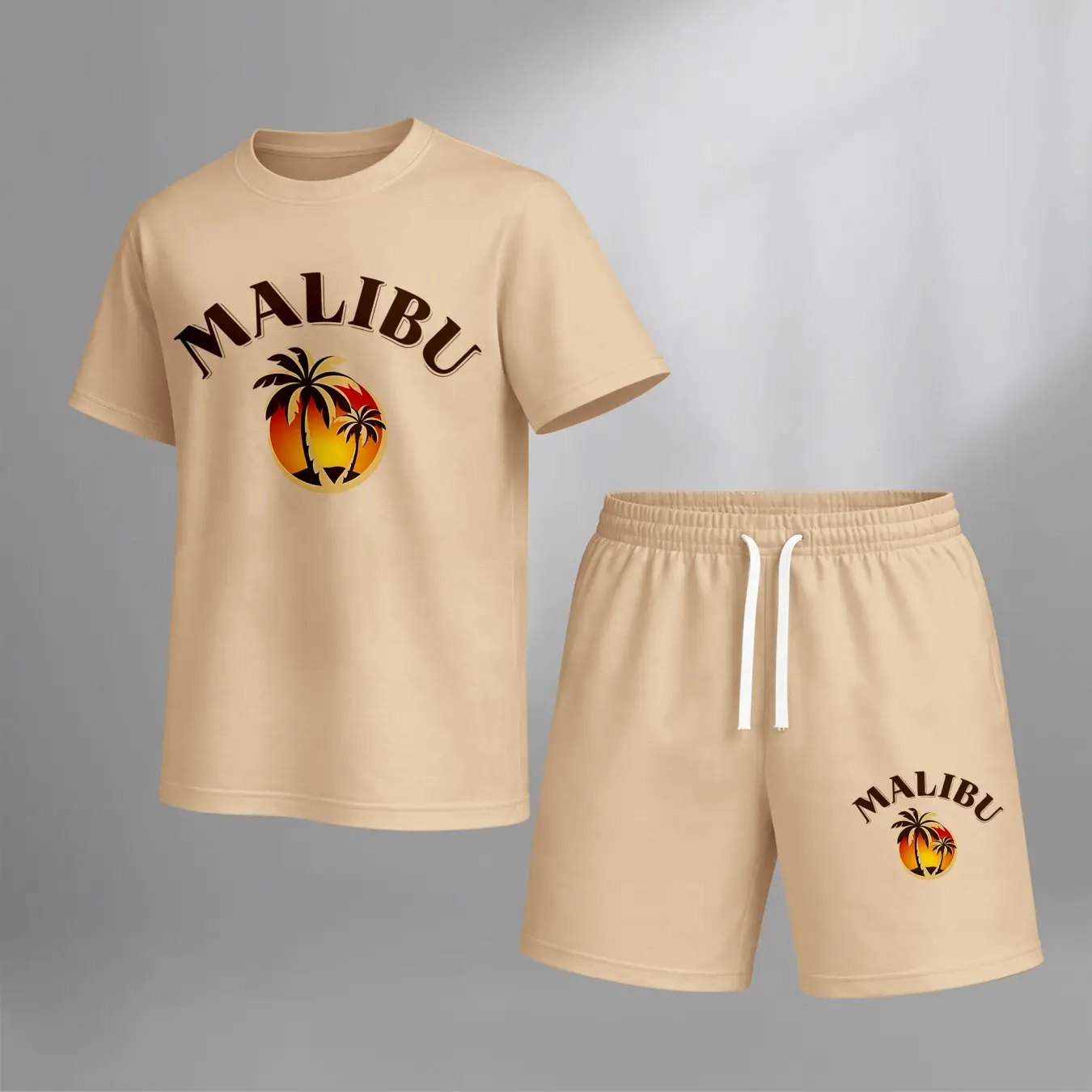 Men’s Malibu Palm Tree 2 Piece Outfit, Graphic Short Sleeve T Shirt with Elastic Waist Drawstring Shorts, Soft Breathable Summer Matching Set for Beach Vacation, Resort Wear, Travel, Weekend Relaxing, Street Style and Everyday Comfort