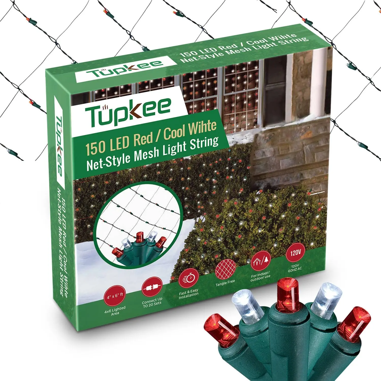 Tupkee Christmas Light Net – 150 LED Mesh Lights - 4 ft x 6 ft – Outdoor/Indoor – Net Lights for Bushes, Hedges or Trees