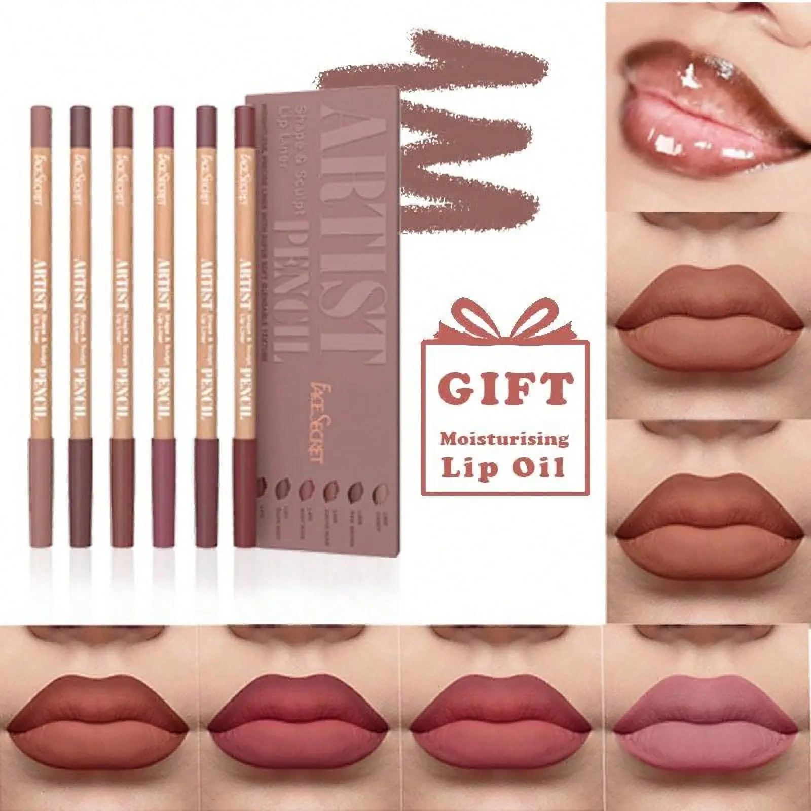 Beauty Glazed 6-Piece Nude Lip Liner Pencil Set, Waterproof & Long-Lasting Creamy Formula with Precision Tip for Flawless Daily Makeup, Includes Moisturising Lip Oil, Cosmetic, Lipliner