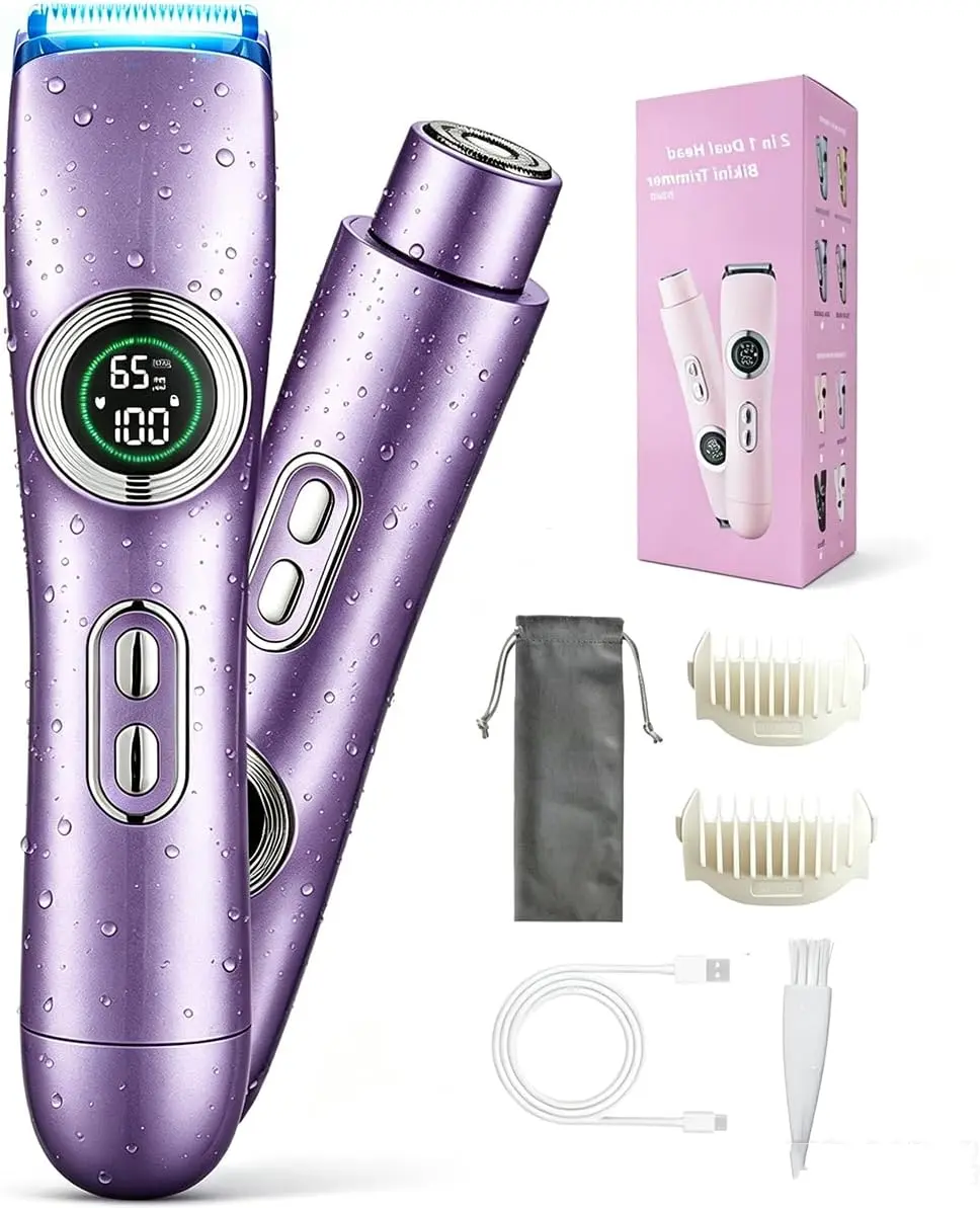 2 in 1 Bikini Trimmer for Women, Portable Electric Body Hair Shaver with LED Display, IPX Waterproof Wet & Dry Pubic Hair Trimmer for Bikini Line, Underarm, Legs, Travel Grooming Kit