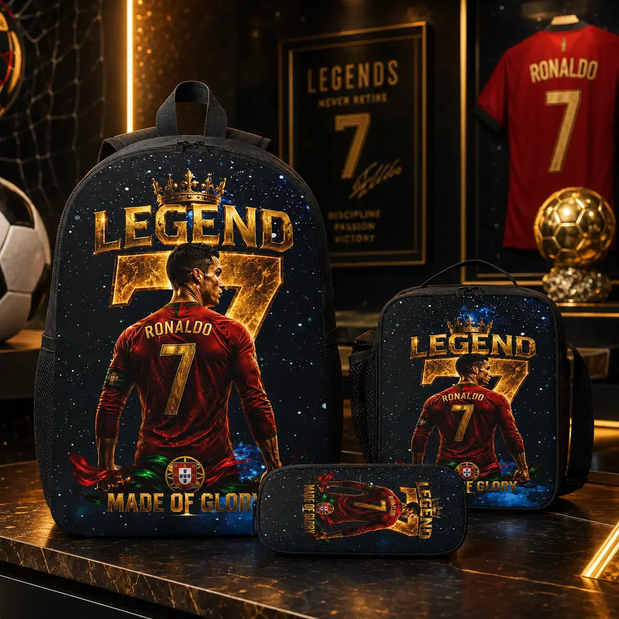 2026 Legend 7 Zipper Soccer Backpack 3-Piece Set for Boys Teens - Ronaldo #7 Bookbag with Insulated Lunch Box, Pencil Case, Back to School Bag for Elementary/Middle/High School, Sports Fan Birthday Gift
