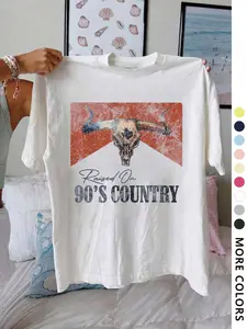 Women's Bull Head Print Round Neck Graphic Tee Vintage Trendy Casual Short Sleeve T-shirt for Daily Wear Ladies All Seasons Outfit Top