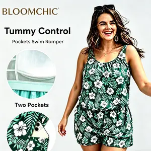 【Summer Turn-Up】【Adjustable Straps】【Pocket Romper】BlOOMCHIC Plus Size Tropical Flower Print Pockets One-Piece Swimsuit [M-6X] 2026 Summer Pick for Mother's Day