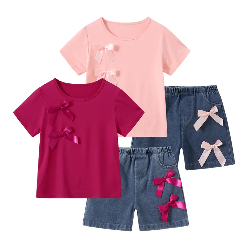 #SummerVibes 4-piece girls' summer fashion casual short-sleeved shorts suit 3-10 years old children's bow short-sleeved and bow denim shorts with pocket design trend children's wear Girlclothes