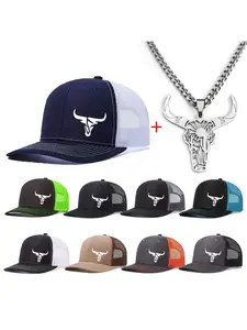 Unisex Bull Head Necklace & Baseball Cap Set, Casual Fitted Design, All-Season Wear, Ideal for Men & Women, Perfect for Daily, Trucker Hats, Mesh Baseball Cap